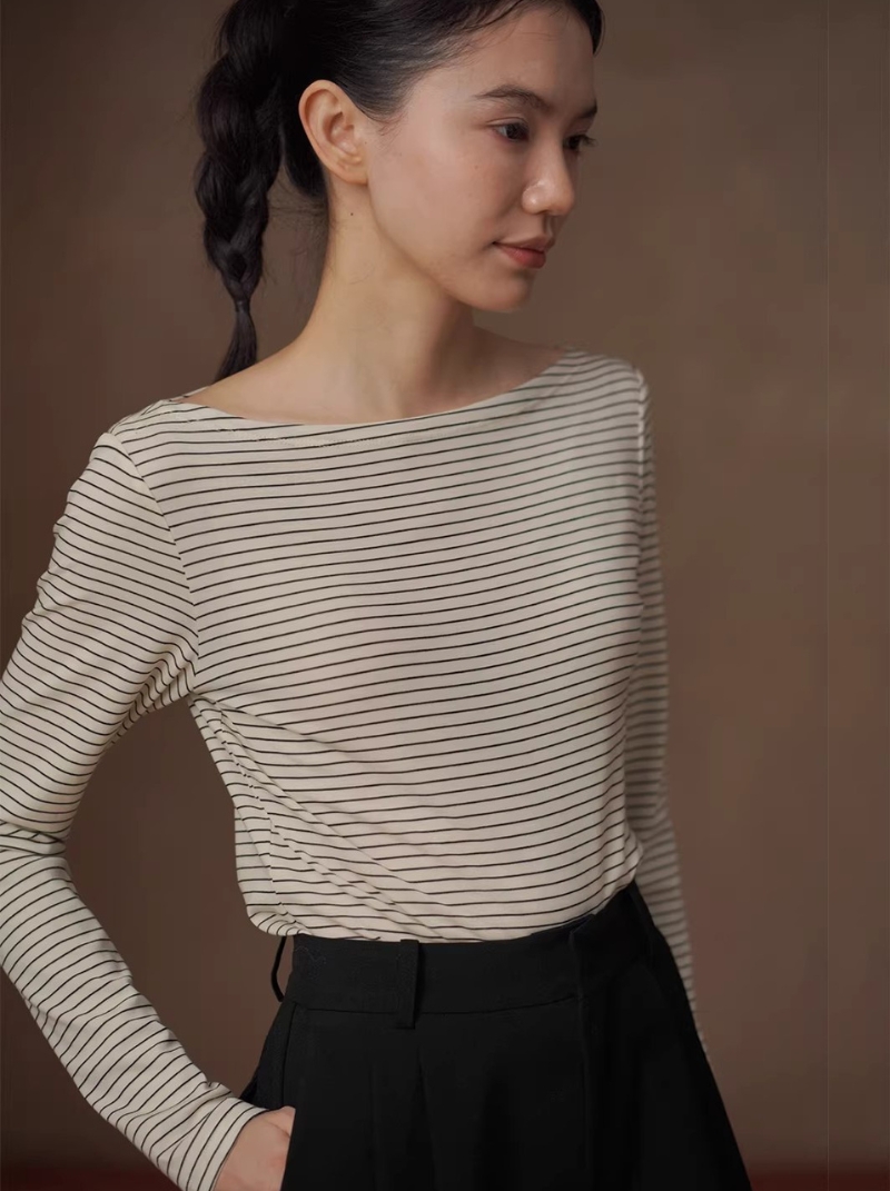 法式經典細條紋上衣氣質一字領正肩顯瘦長袖休閒百搭T恤