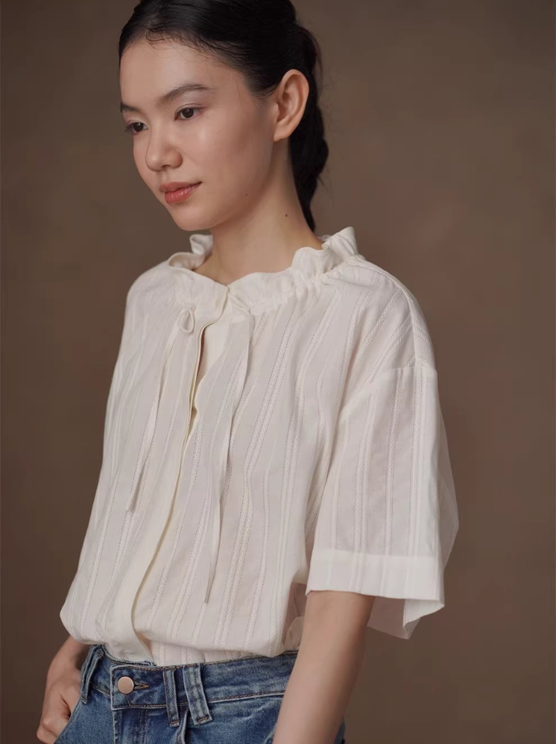 法式花邊立領亞麻棉混紡立體繡花豎條紋寬鬆短袖襯衫女