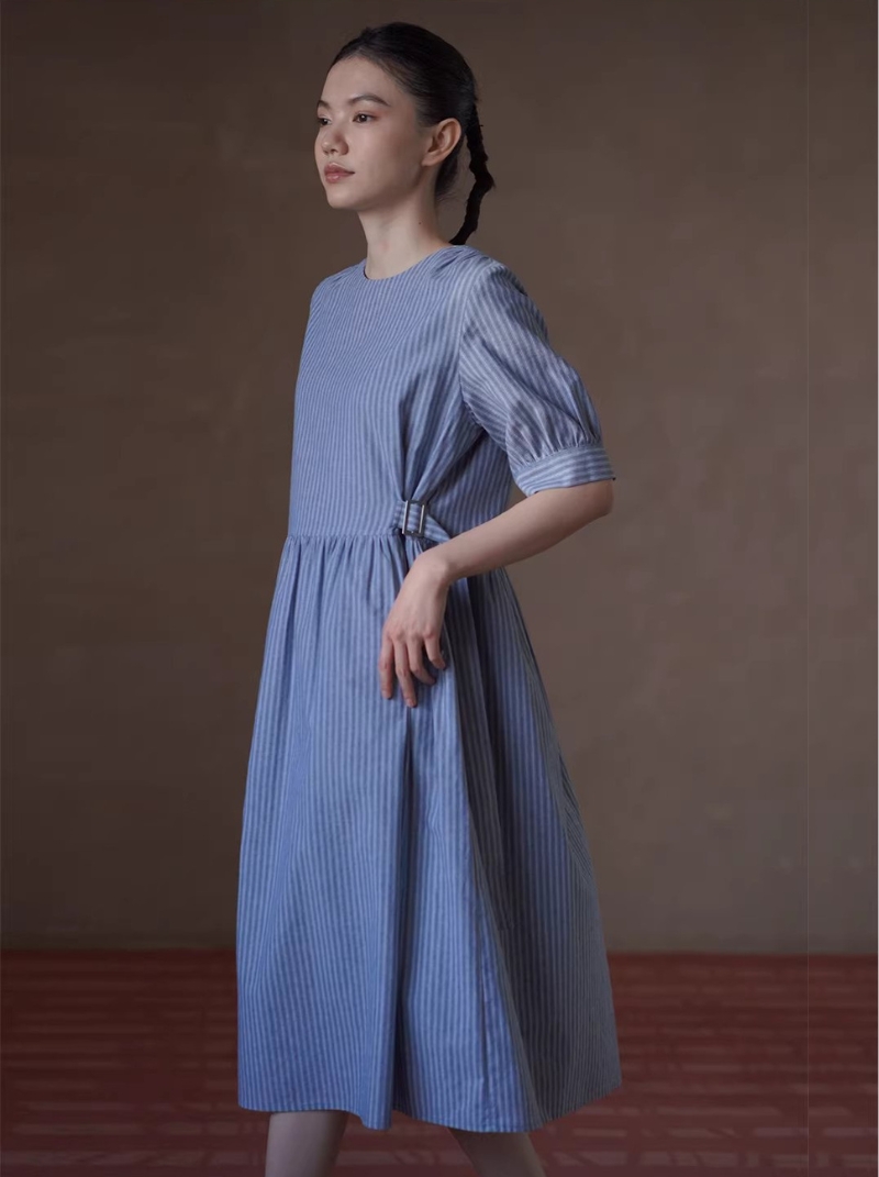 海上環遊記洋裝清新顯瘦豎條紋圓領短袖遮肉長裙