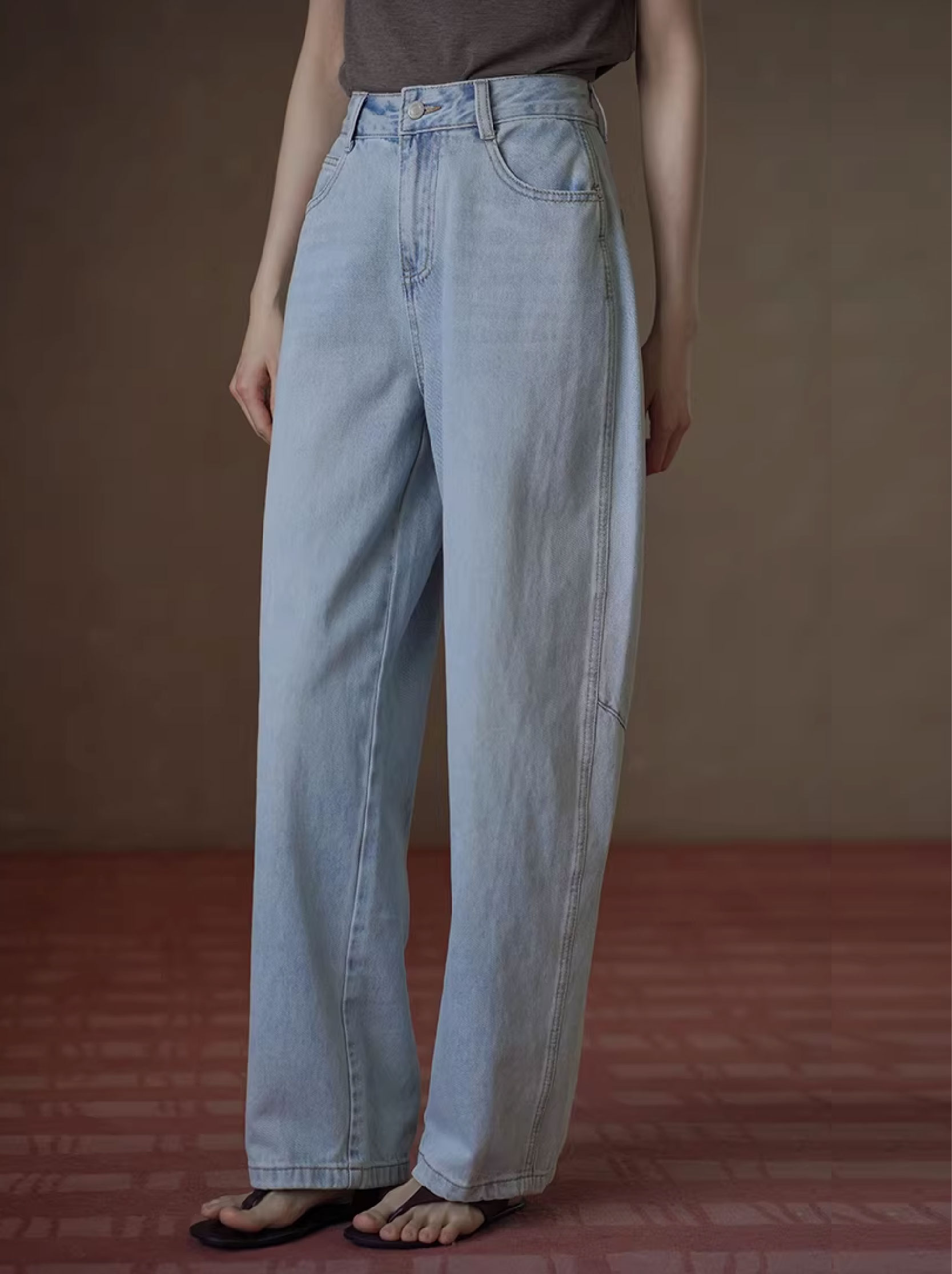 空氣感顯瘦牛仔褲復古水洗立體時髦分割高腰寬長褲女