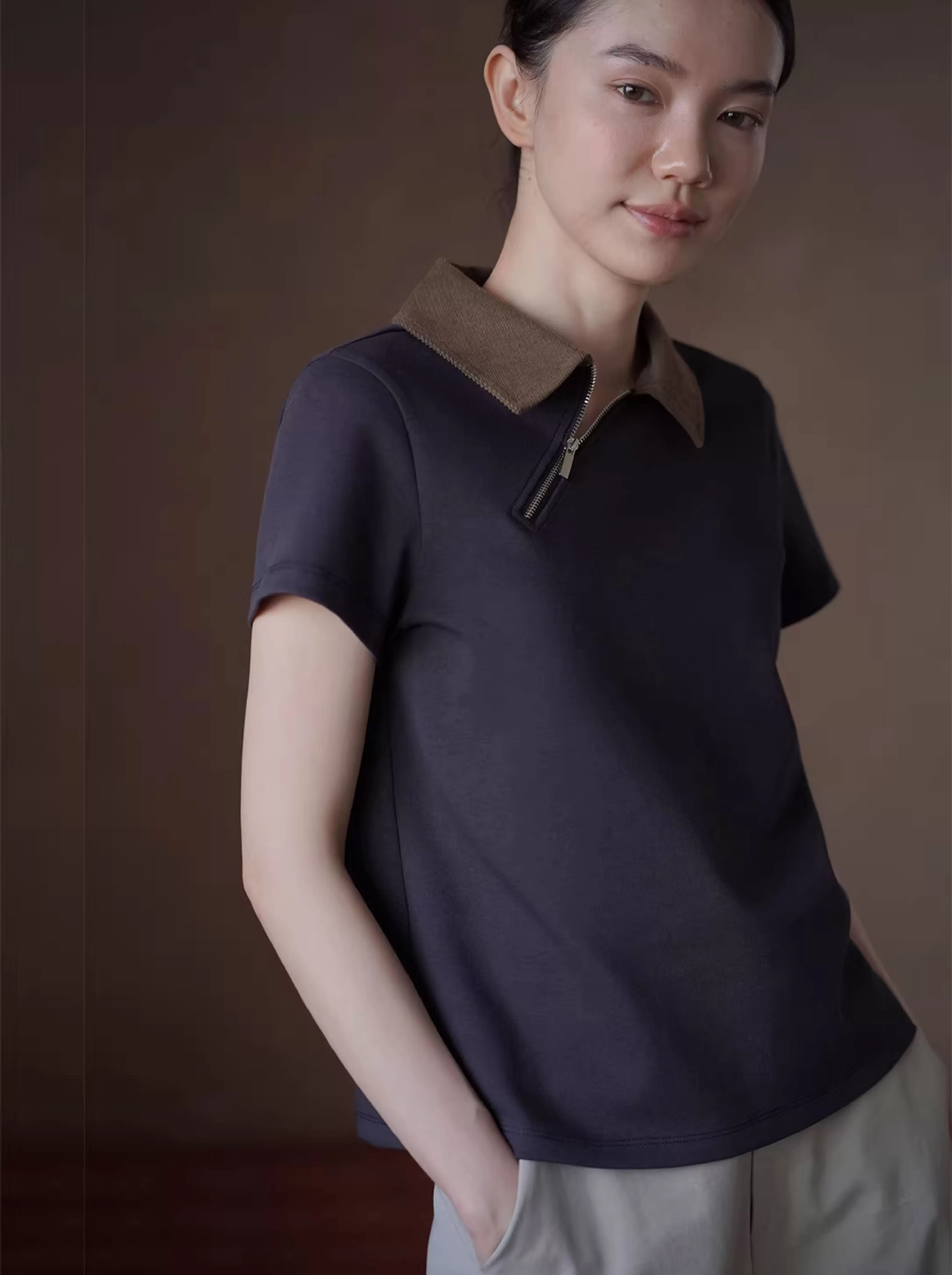 打破常規小眾設計感上衣撞色Polo領拉鍊斜門襟短袖T恤女