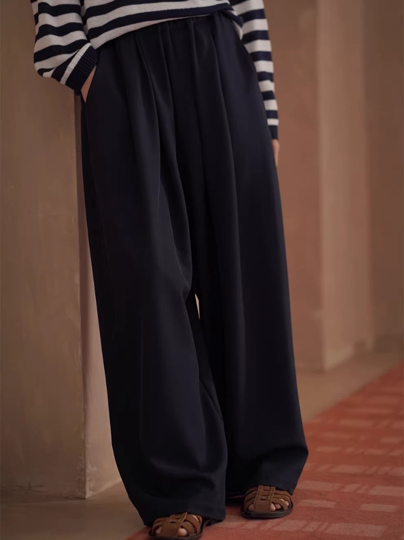 流動線條垂墜顯瘦鬆緊高腰不挑人寬鬆直筒闊腿通勤長褲