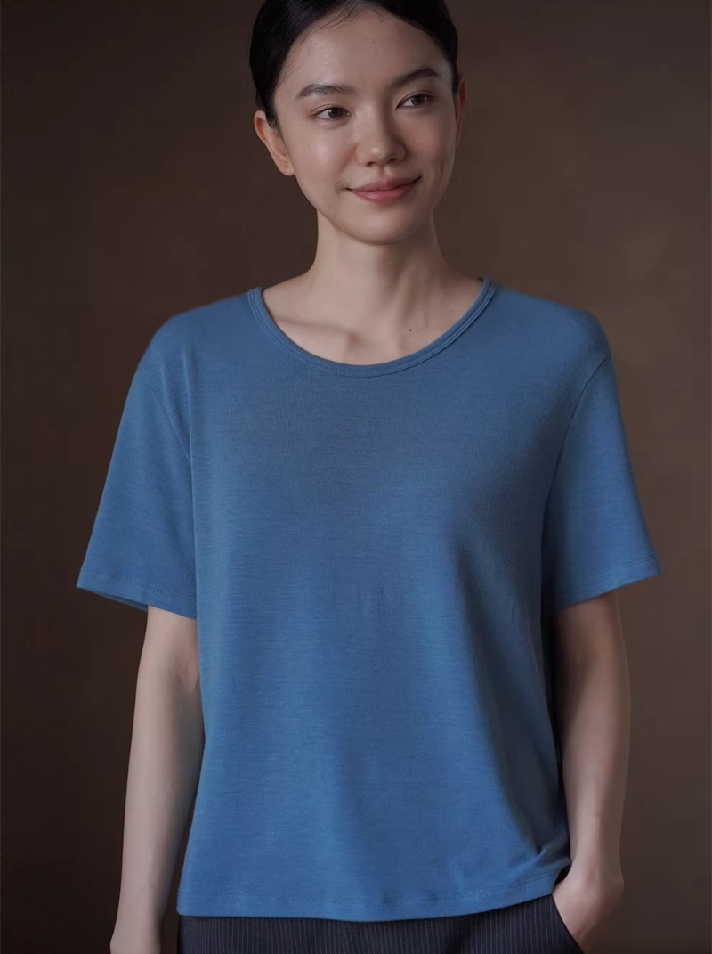 藍調夏日顯白清涼圓領短袖軟糯透氣彈性顯瘦基礎休閒T恤