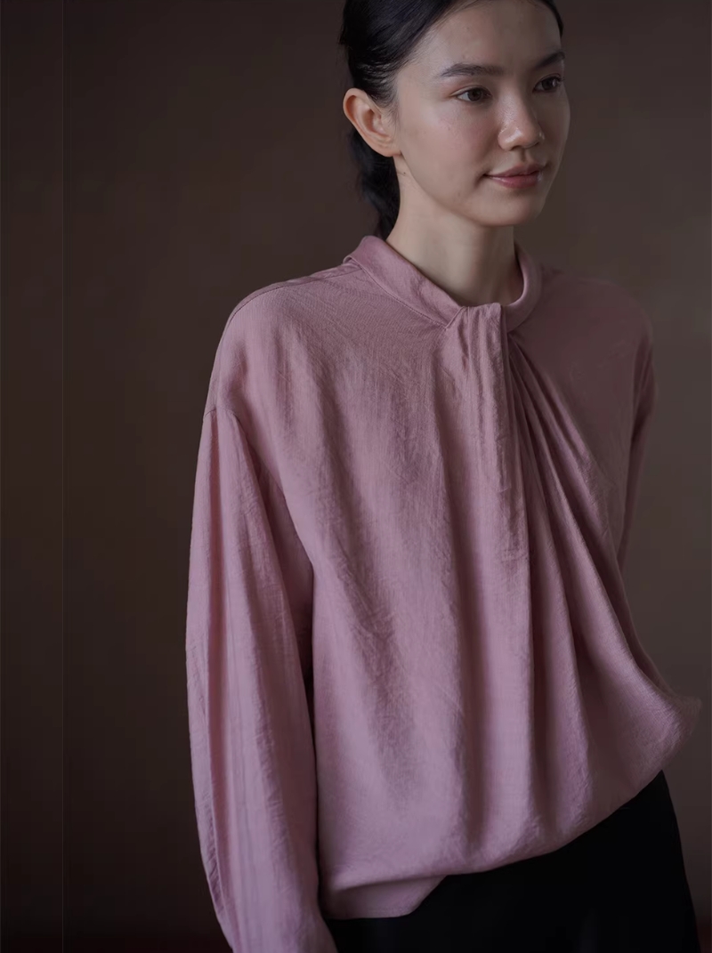 玫瑰星河顯白氣質通勤長袖襯衫扭結領口寬鬆顯瘦上衣女