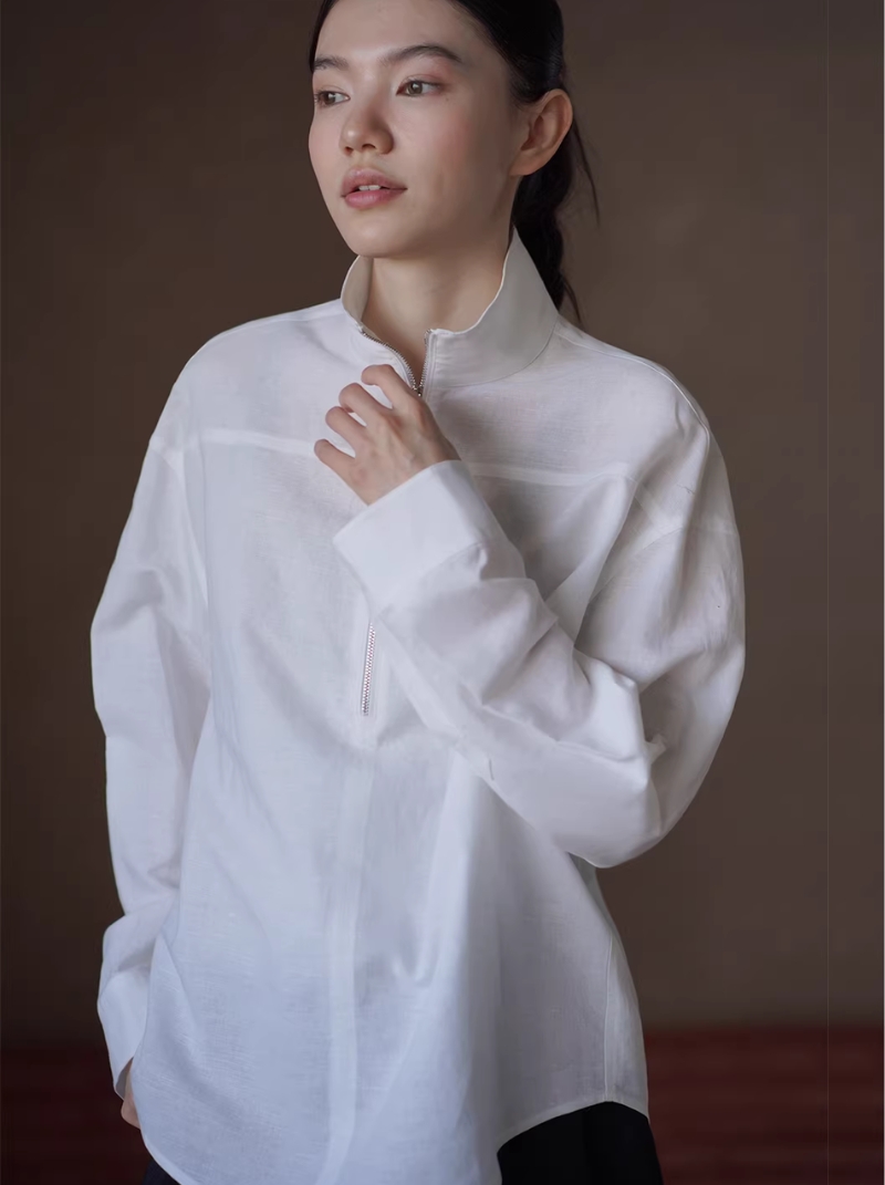 天然呼吸感亞麻棉半開門襟立領寬鬆長袖簡約顯瘦襯衫女