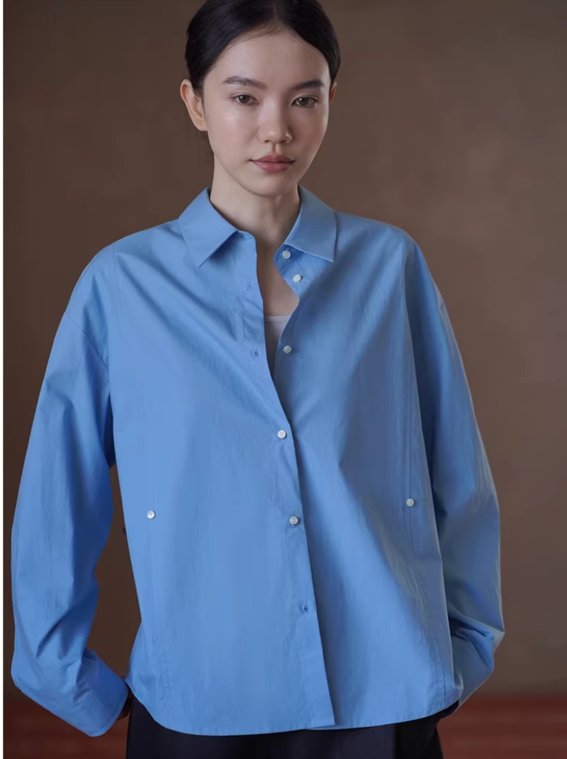 多元通勤挺括垂順萊賽爾棉混紡可調節紐扣收腰長袖襯衫