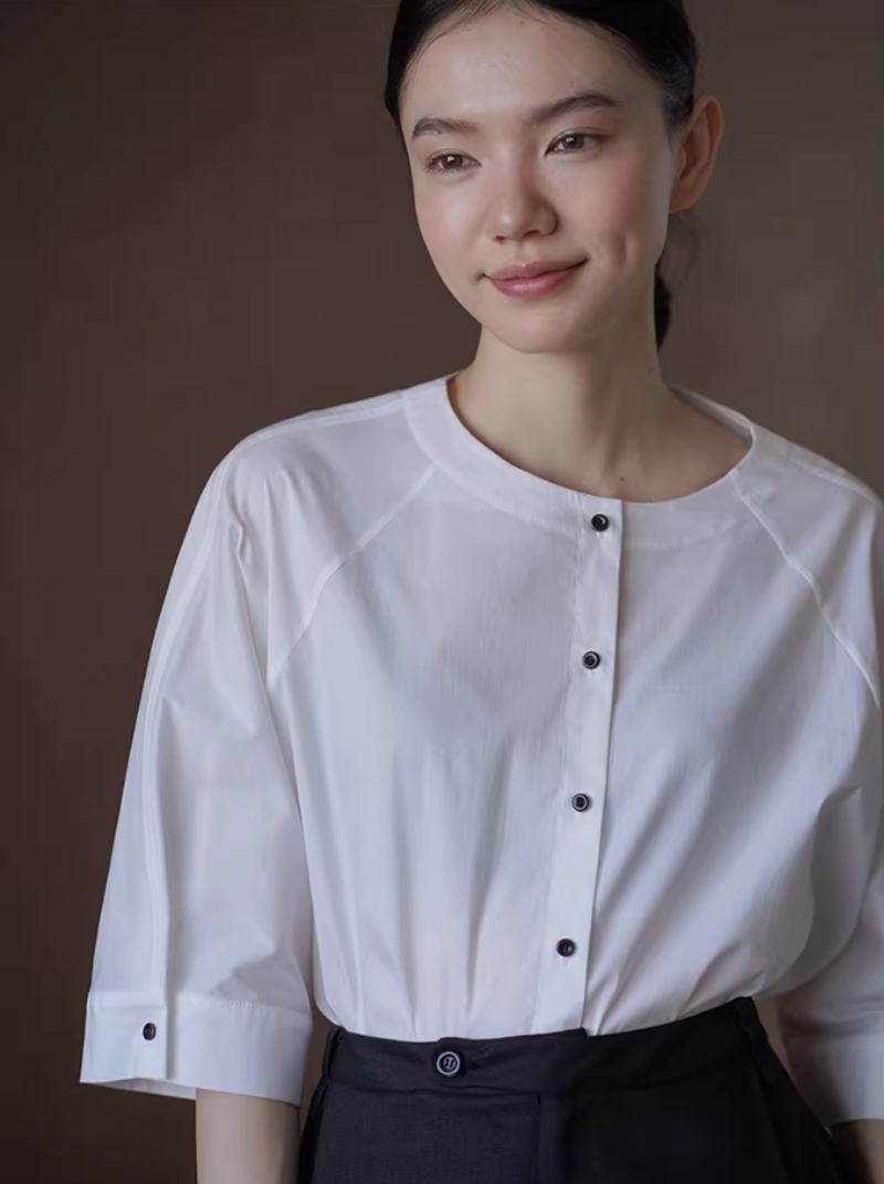 通勤天菜白襯衫圓領撞色紐扣插肩袖顯瘦寬鬆簡約上衣女