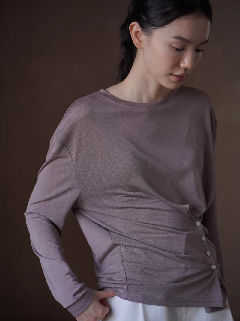 霧感夏意透氣涼爽萊賽爾混紡長袖T恤紐扣收腰顯瘦上衣女