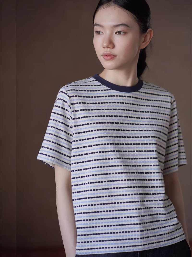 波點塗鴉筆條紋撞色領口趣味T恤寬鬆短袖圓領休閒上衣女