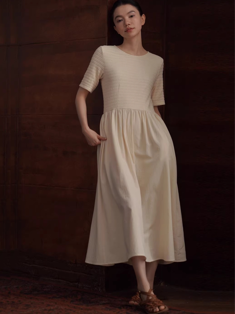 溫柔碰撞立體提花織造拼接棉感蓬蓬裙擺顯瘦洋裝