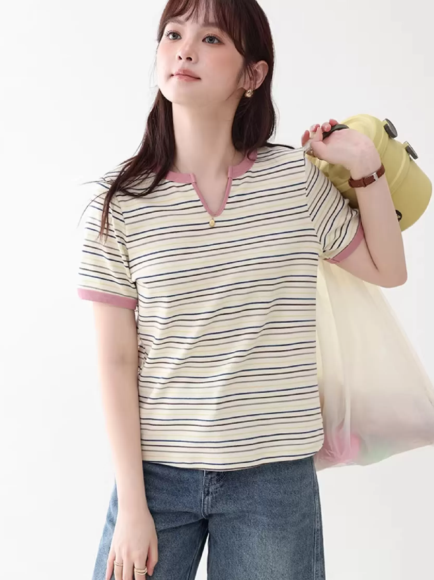撞色圓V領彩色條紋T恤女26夏季新款減齡短袖上衣