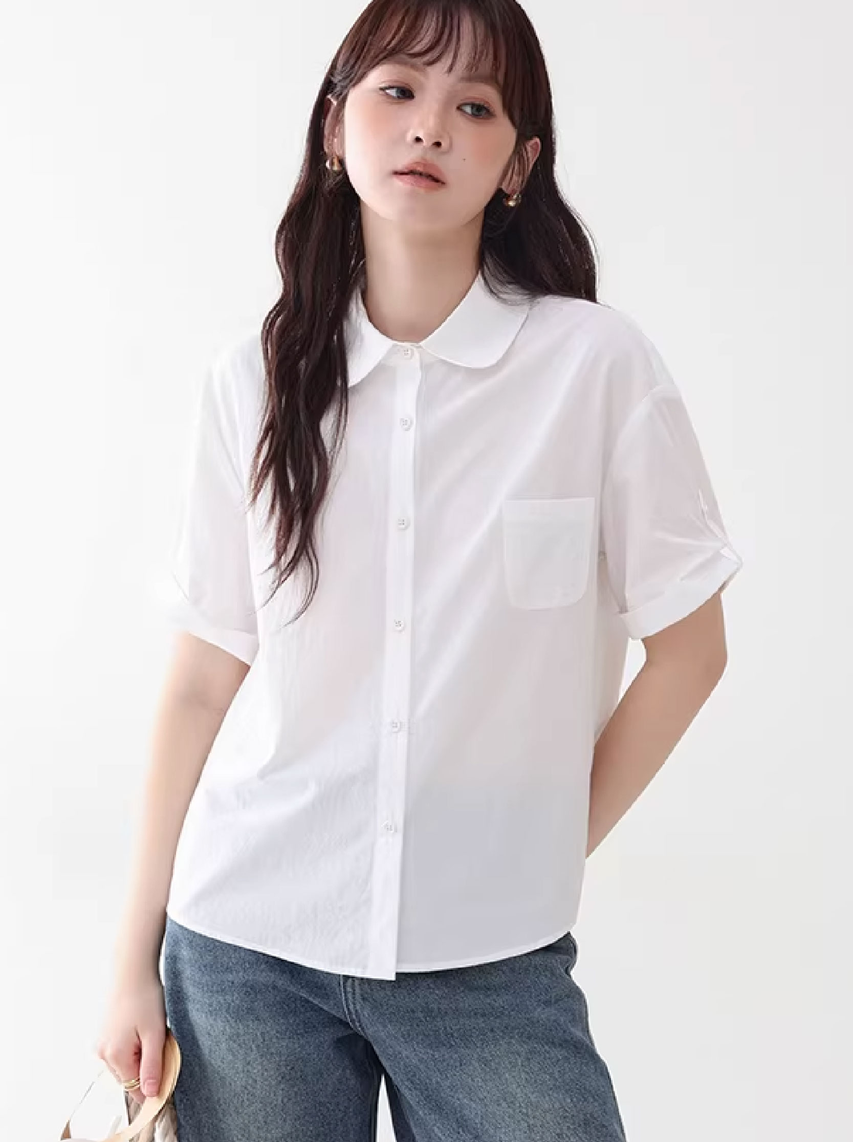 日系白色純棉短袖襯衫女夏季新款基本款寬鬆上衣