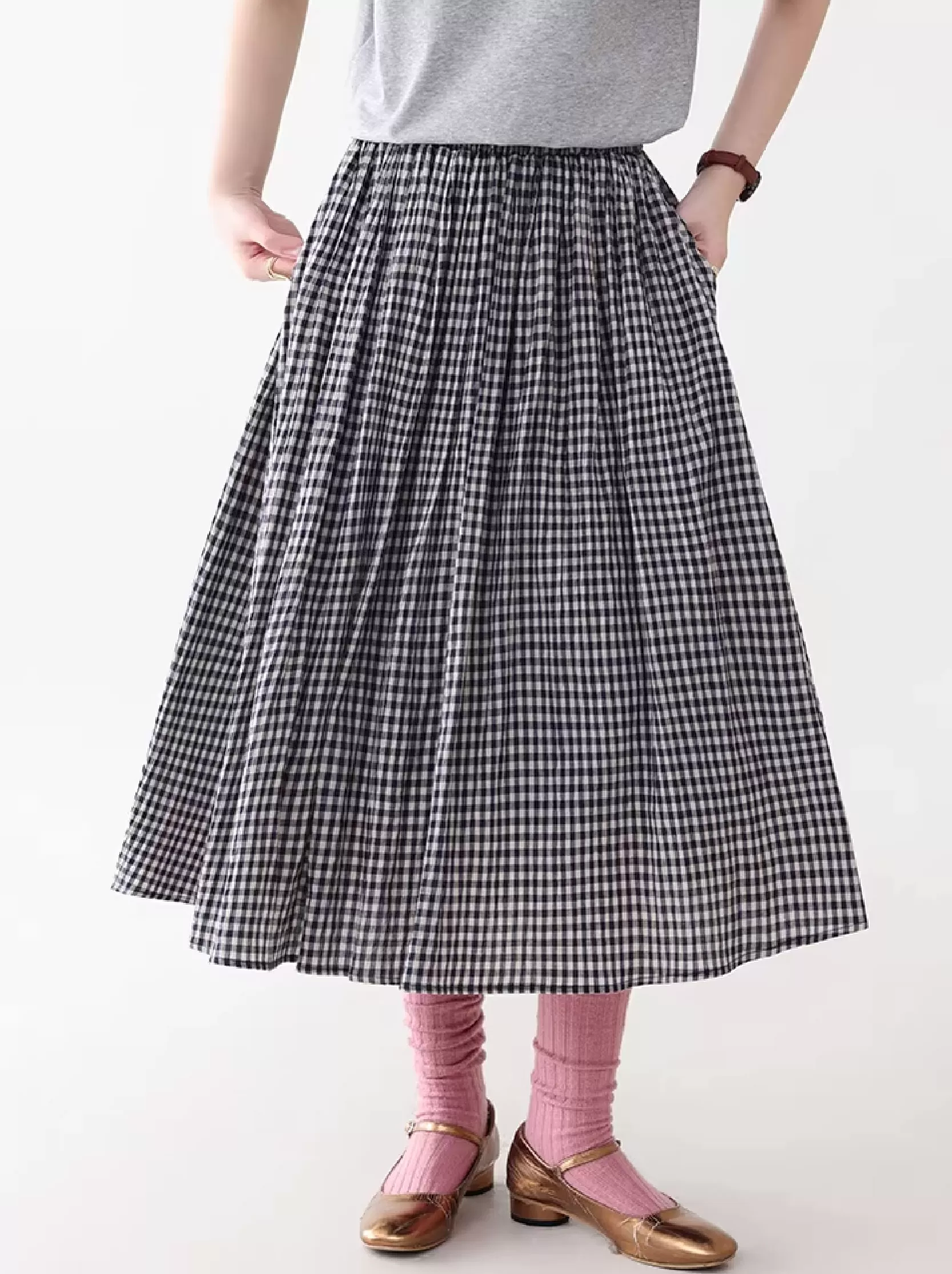 復古格紋飄逸純棉半身裙女夏季新款鬆緊腰中長裙