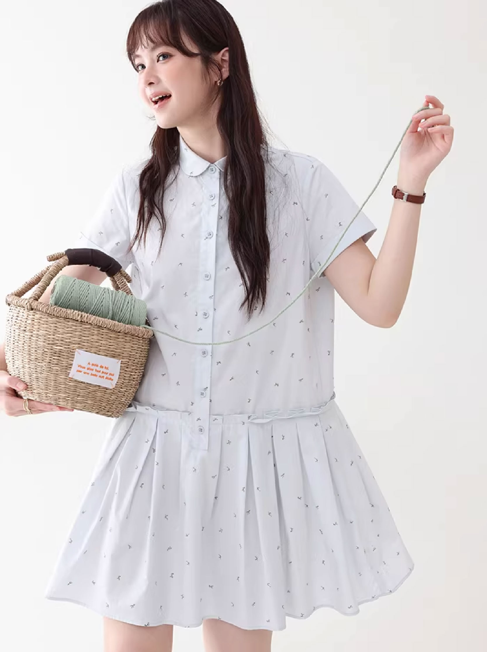 減齡碎花短袖襯衫洋裝女夏季新款純棉百褶短裙