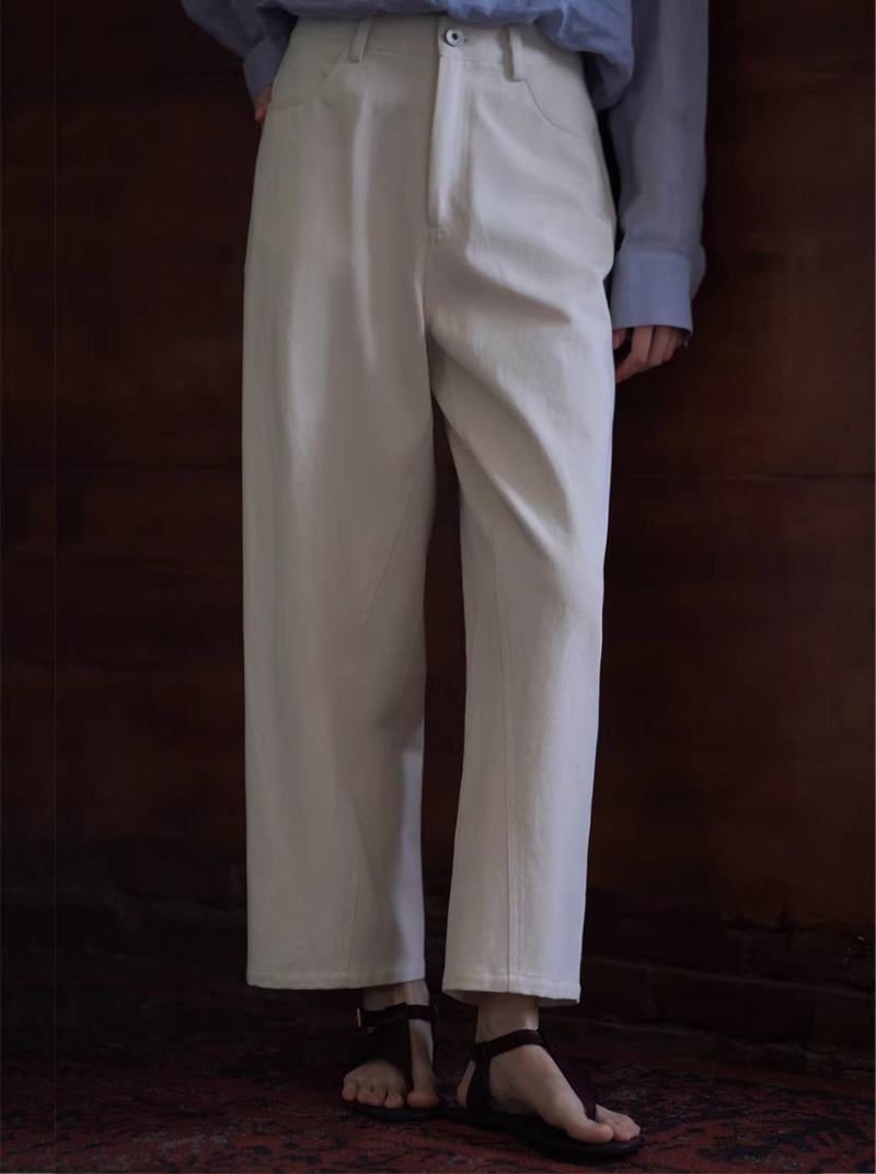 回暖春日高支棉麻混紡斜紋肌理高腰直筒顯瘦八分褲子女