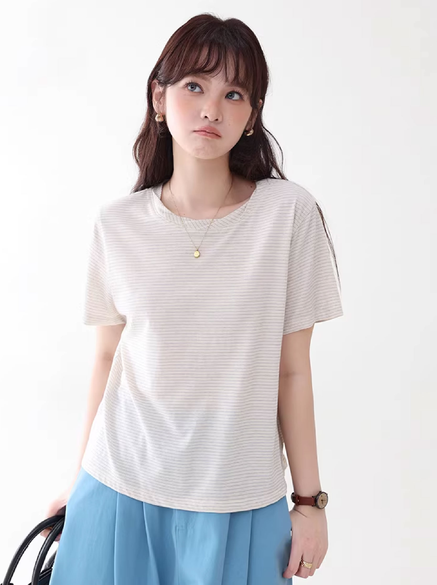 扭結圓領棉麻感條紋T恤女夏季新款寬鬆短袖上衣