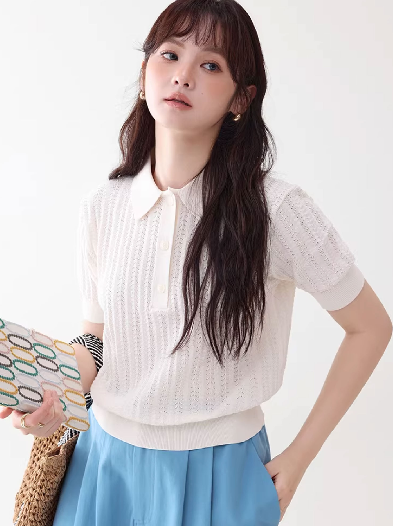 溫柔純色polo領鏤空針織衫女26夏季新款透氣短袖上衣