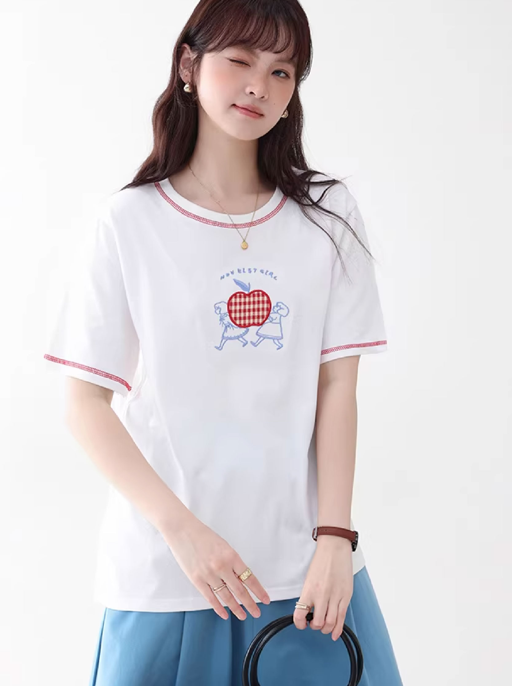 卡通刺繡反線純棉短袖T恤女夏新款少女感寬鬆上衣