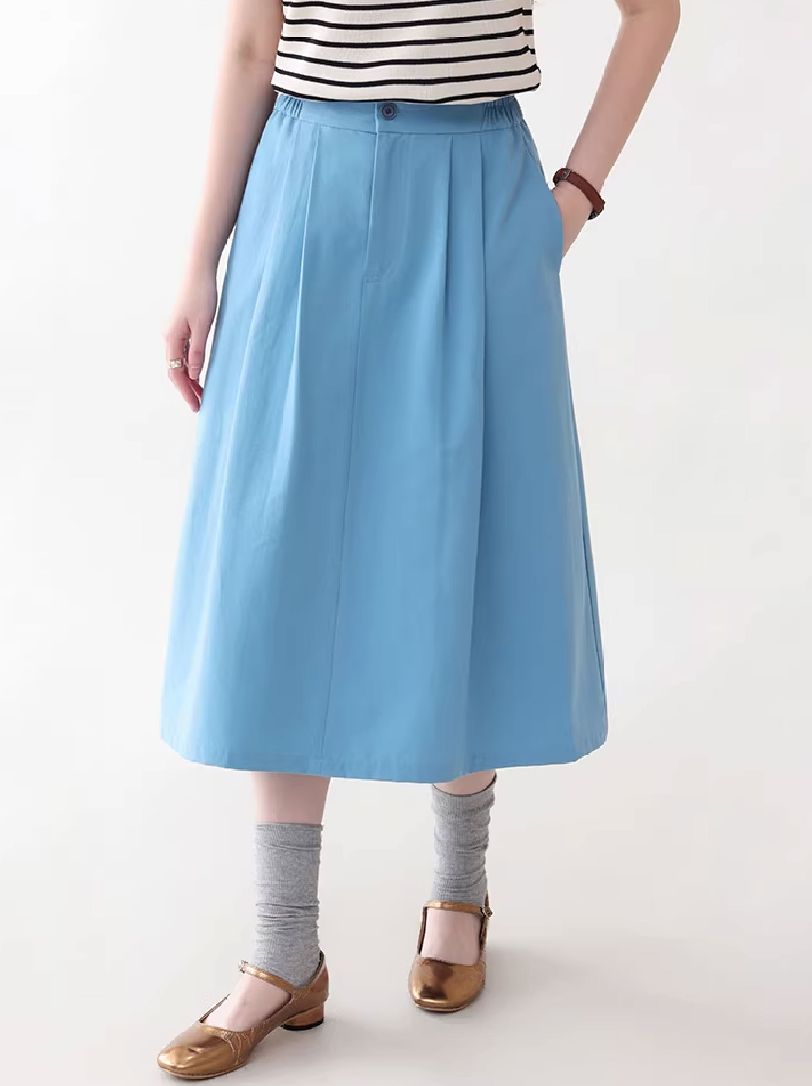 藍色側邊收腰口袋半身裙女夏新款壓褶中長裙傘裙