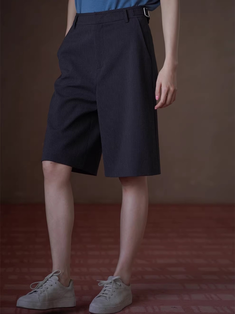 法式高智知識分子細條紋高腰五分褲顯瘦寬鬆通勤短褲女