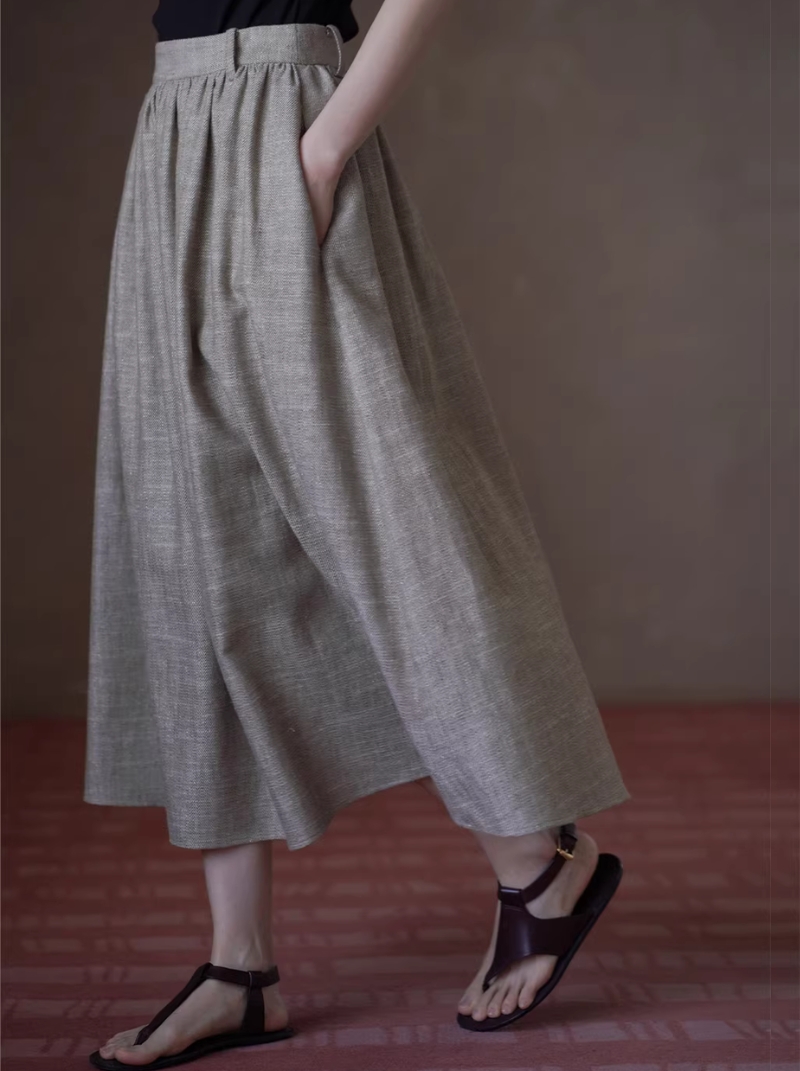 淡人山穿搭亞麻苧麻棉混紡高腰壓褶顯瘦蓬蓬半身裙女