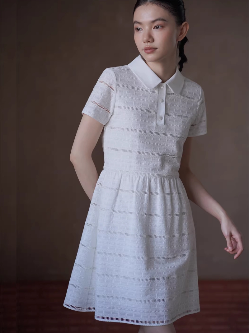 午後遊園洋裝立體鏤空提花刺繡高腰短版Polo領裙子女