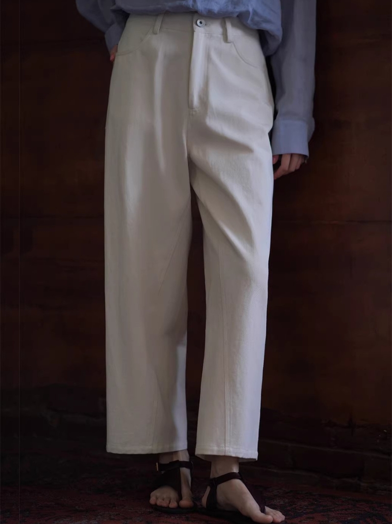 回暖春日高支棉麻混紡斜紋肌理高腰直筒顯瘦八分褲子女