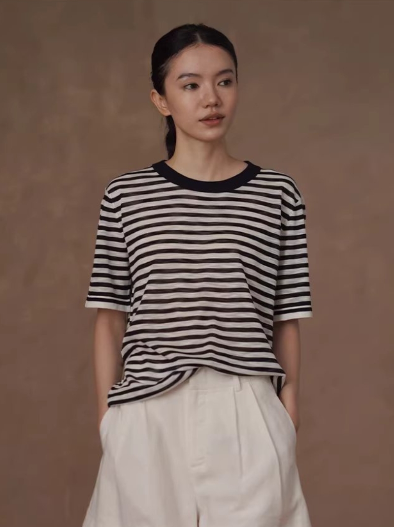 長期極簡主義條紋寬鬆短袖1/32支竹節麻輕薄針織上衣女