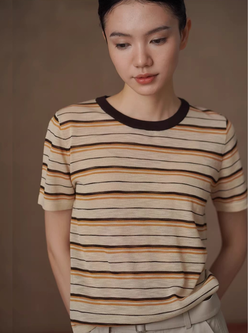 沙灘條紋超爽竹節麻紗線撞色圓領短袖寬鬆顯瘦針織上衣