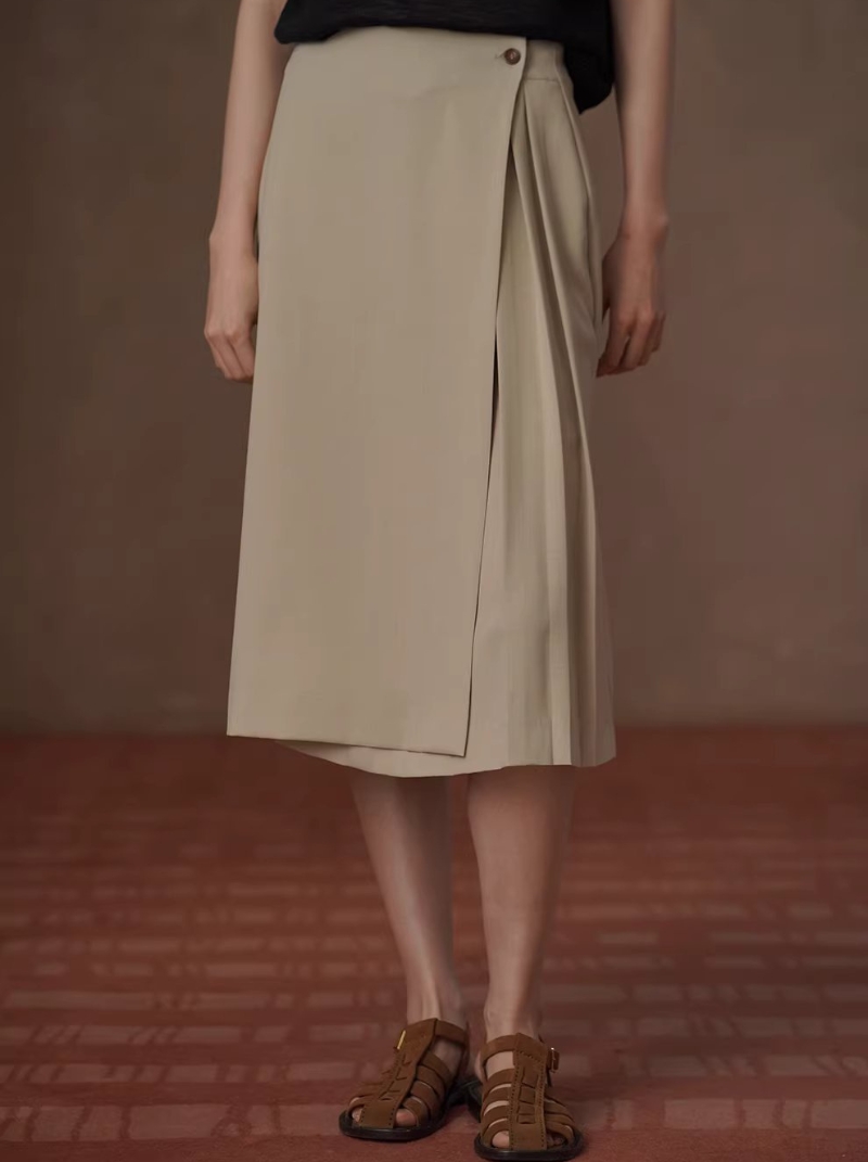 姐法式通勤一片圍裹式寬鬆直筒高腰不對稱壓褶顯瘦半身裙