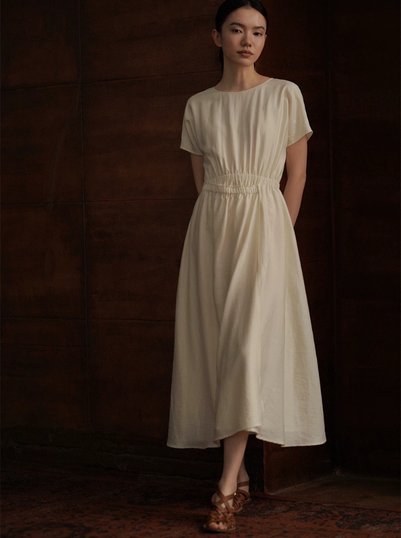 柔月光設計感纏繞式層次感鬆緊高腰圓領顯瘦洋裝女