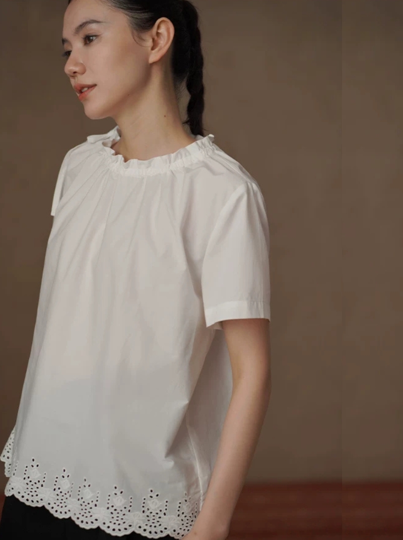 訂製法式刺繡下擺100棉抽繩繫帶領口多穿寬鬆短袖襯衫女