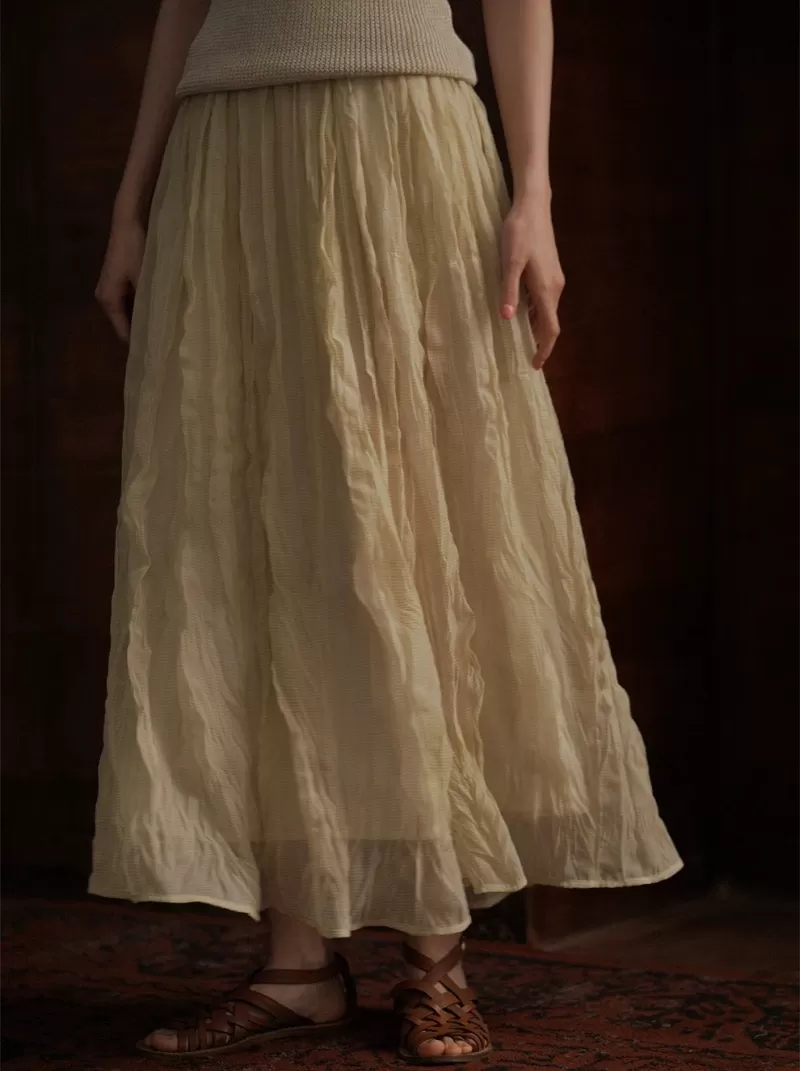 靈動紗華半身裙特殊格紋肌理褶皺工藝高腰顯瘦氛圍裙