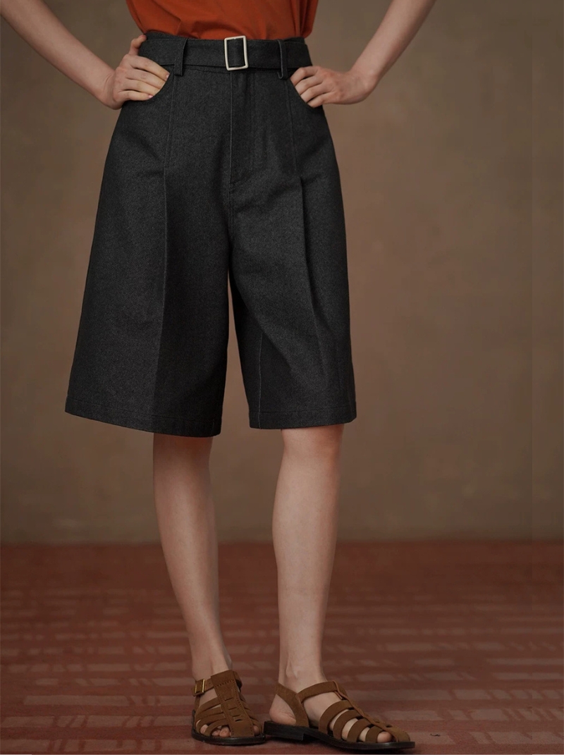 復古深海牛仔柔軟水洗可調式腰帶顯瘦寬鬆挺括五分短褲