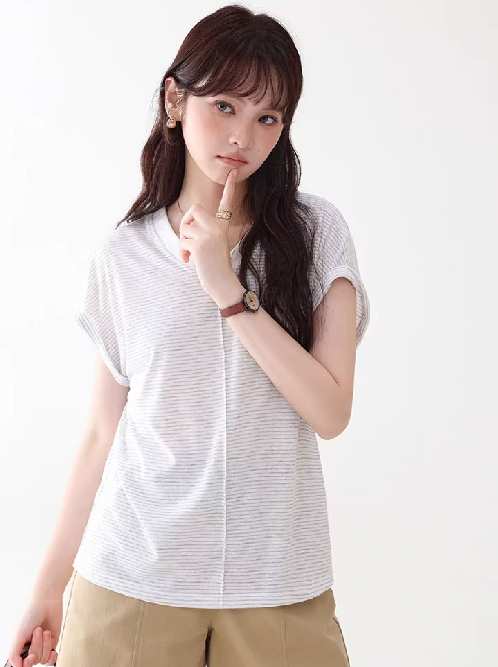 拼色條紋v領短袖T恤女夏季新款簡約寬鬆百搭上衣