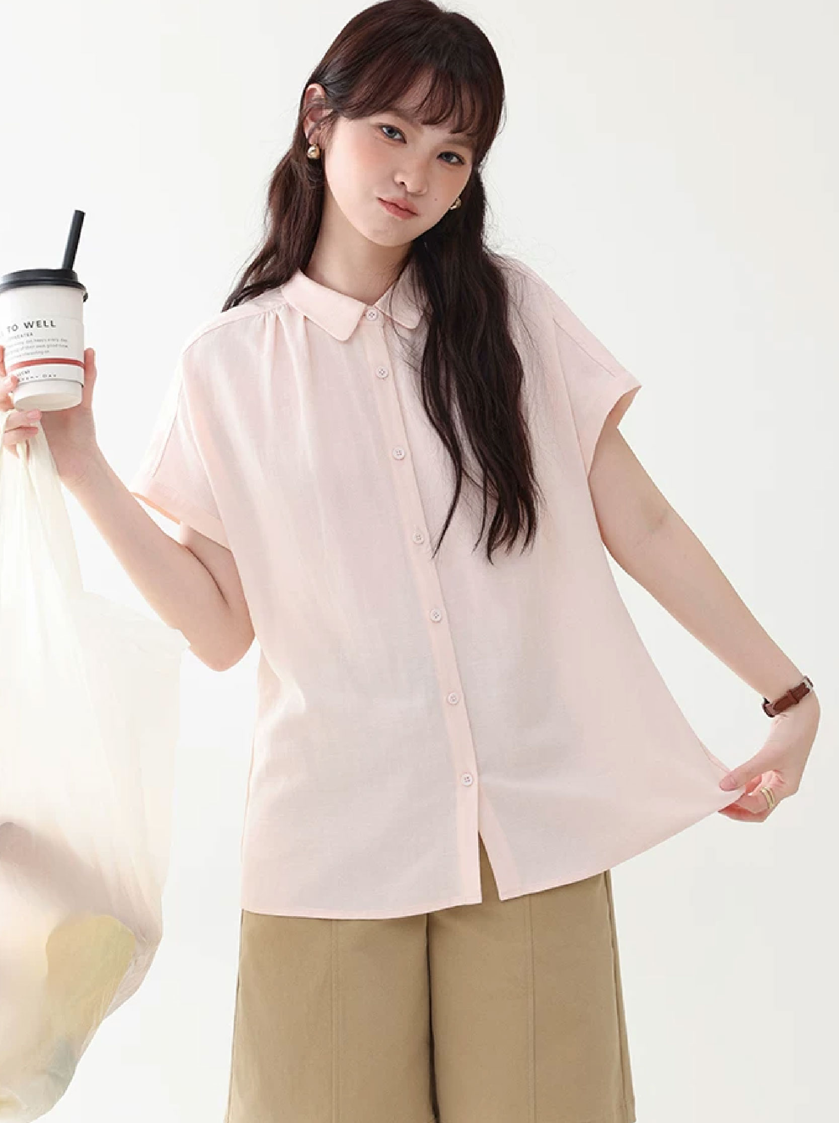甜美純色小翻領短袖襯衫女夏新款寬鬆單排扣上衣