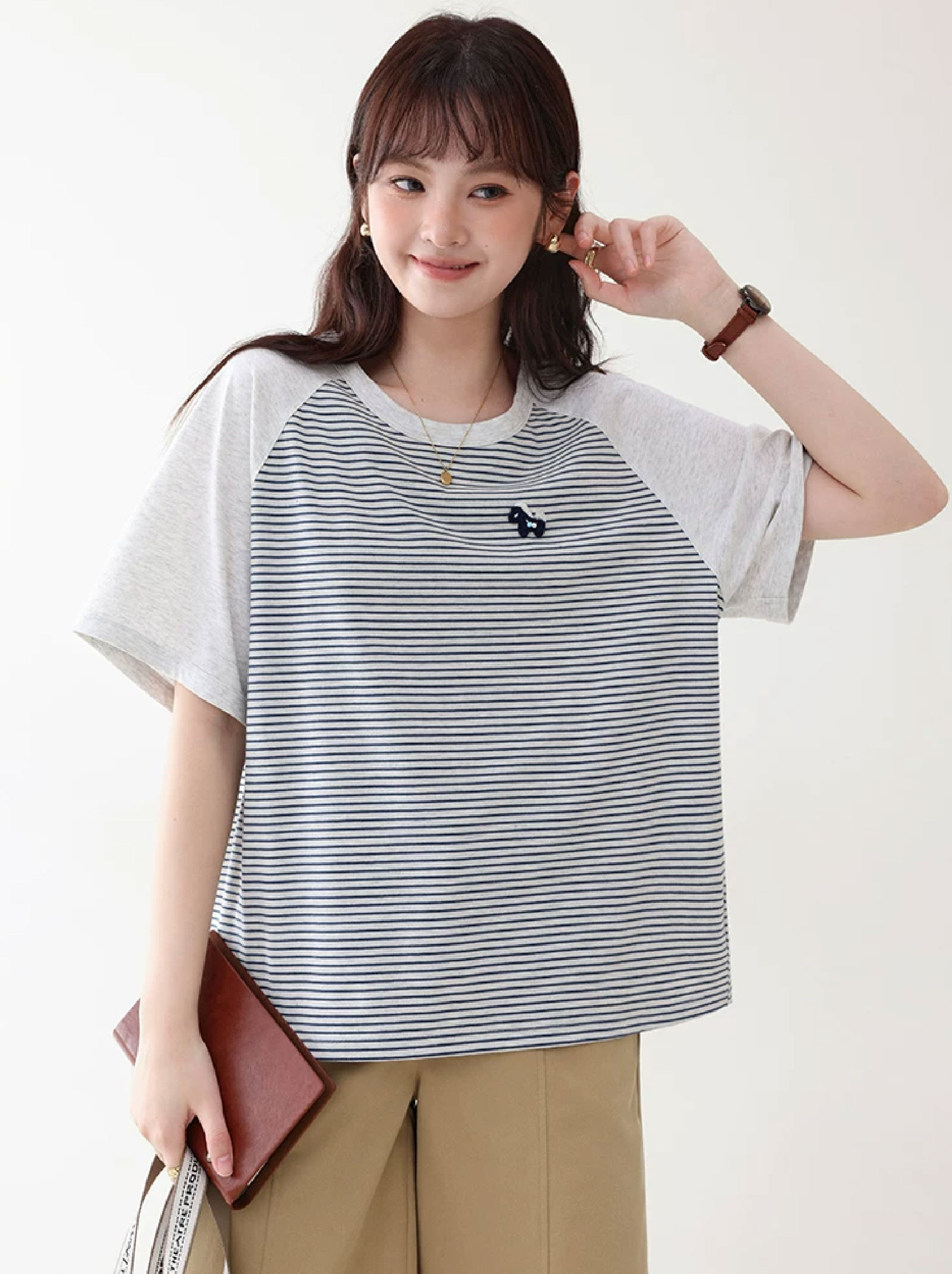 日繫條紋插肩袖小馬T恤女夏季新款寬鬆顯瘦上衣