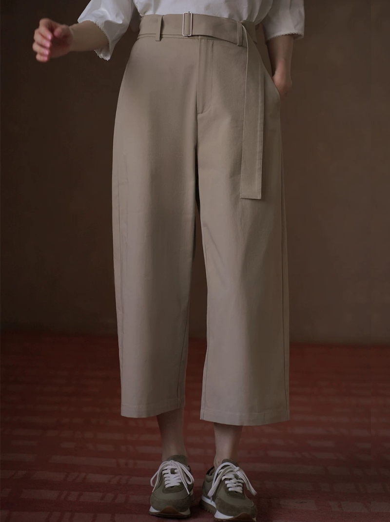 休閒棉感腰帶寬鬆褲腿立體打褶顯瘦高腰百搭直筒八分褲