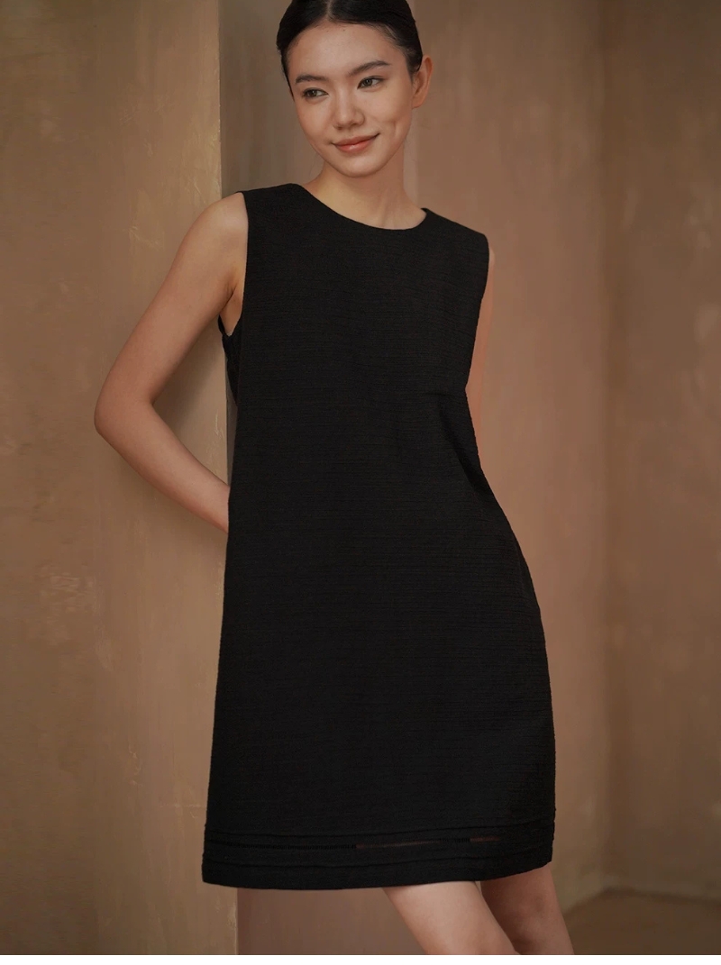 簡約萊賽爾棉寬鬆直筒圓領短洋裝下擺鏤空花邊裙子