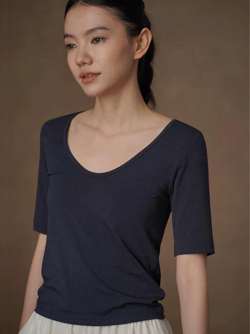 芭蕾練習室兩面穿U領氣質T卹彈性透氣中袖顯瘦通勤上衣