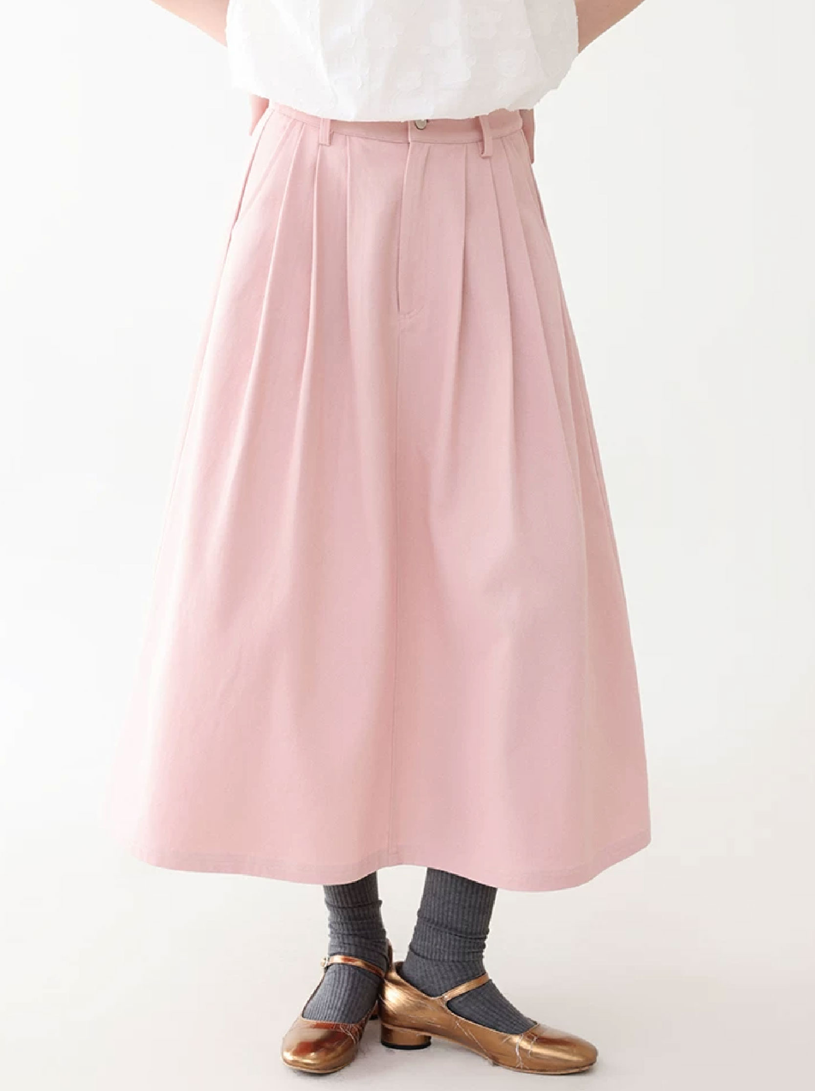 粉紅色中高腰壓褶牛仔半身裙女夏季新款純棉中長裙