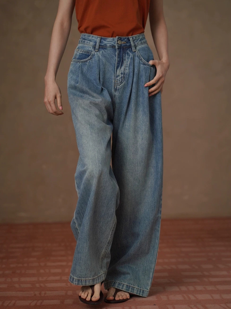 美式復古回潮柔軟水洗寬鬆立體顯瘦剪裁慵懶高腰牛仔褲