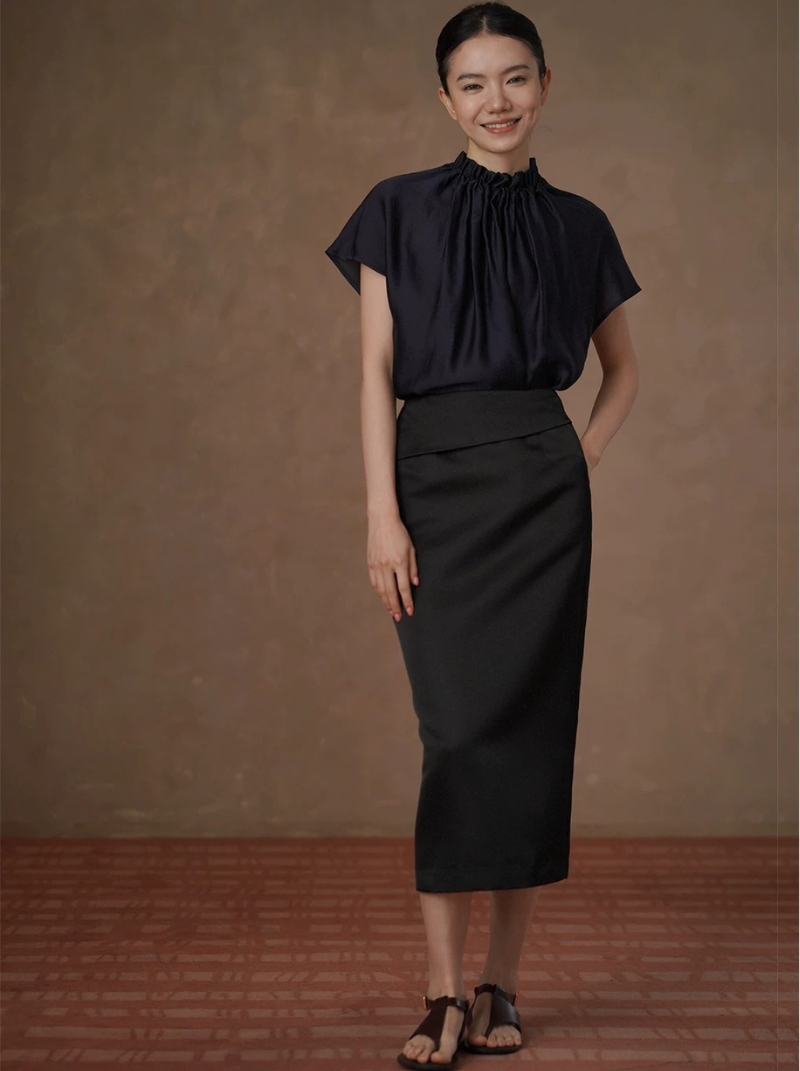 摩登高智優雅半身裙品質緞面寬翻邊高腰顯瘦通勤裙女