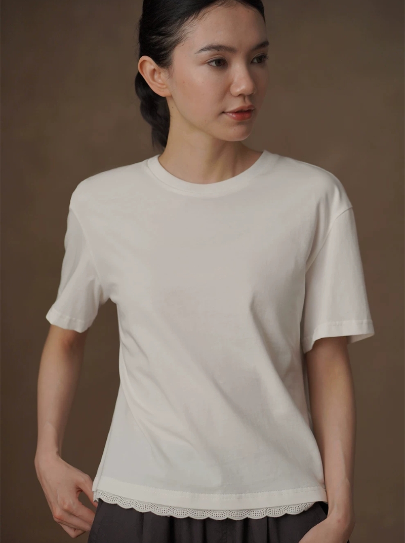 美學基礎拼接花邊下擺疊穿100棉親膚短袖圓領顯瘦恤女