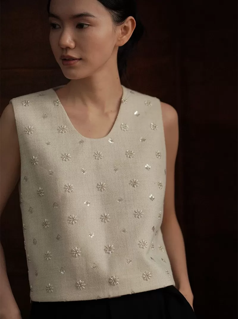 重磅手工釘珠無袖U領寬鬆貴氣千金氣質上衣顯瘦無袖背心