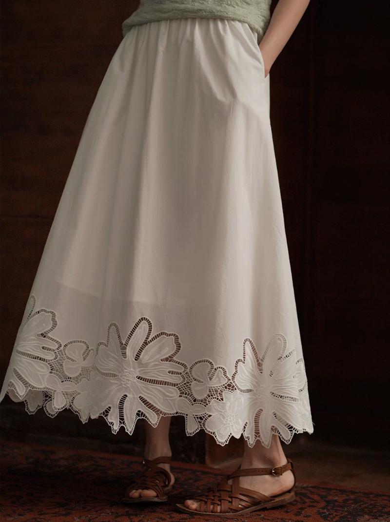 假日漫步定位刺繡蕾絲高支棉鬆緊腰頭長款顯瘦半身裙女
