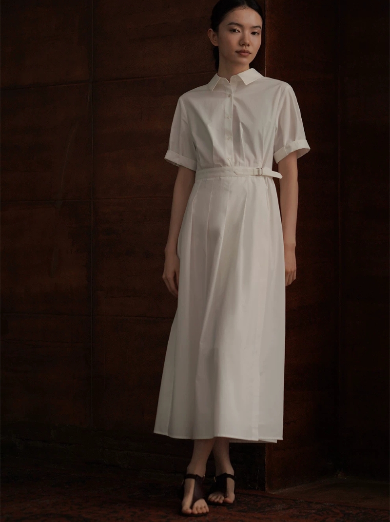 復古優雅可調式收腰顯瘦透氣棉感通勤經典款襯衫洋裝