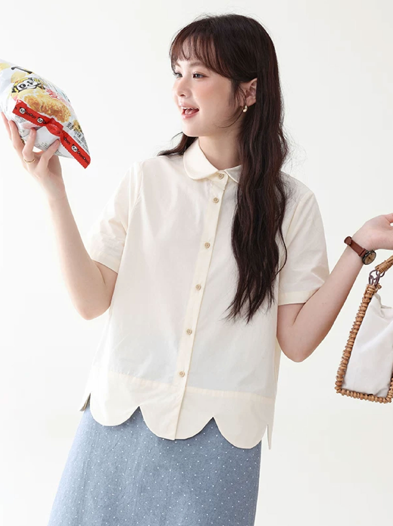 設計感波浪下擺純棉襯衫女夏新款減齡娃娃領上衣