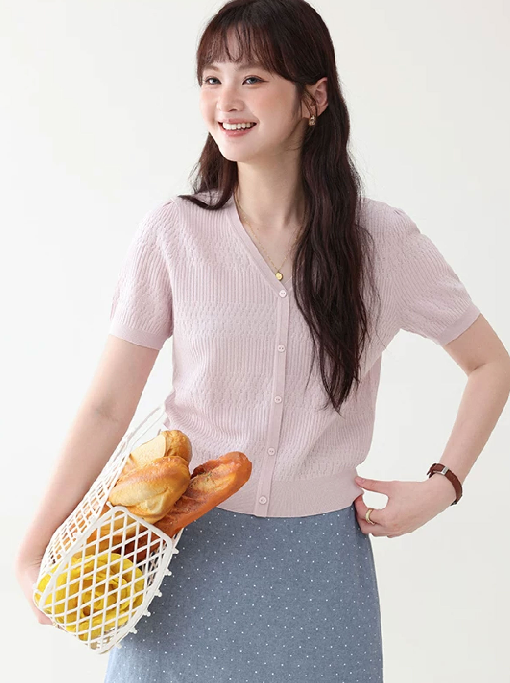 甜美純色v領單排扣針織衫女26夏季新款慵懶溫柔上衣