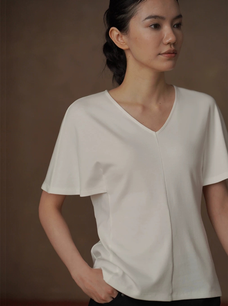 垂爽莫代爾紙片人T恤一體式連肩袖V領顯瘦寬鬆通勤上衣